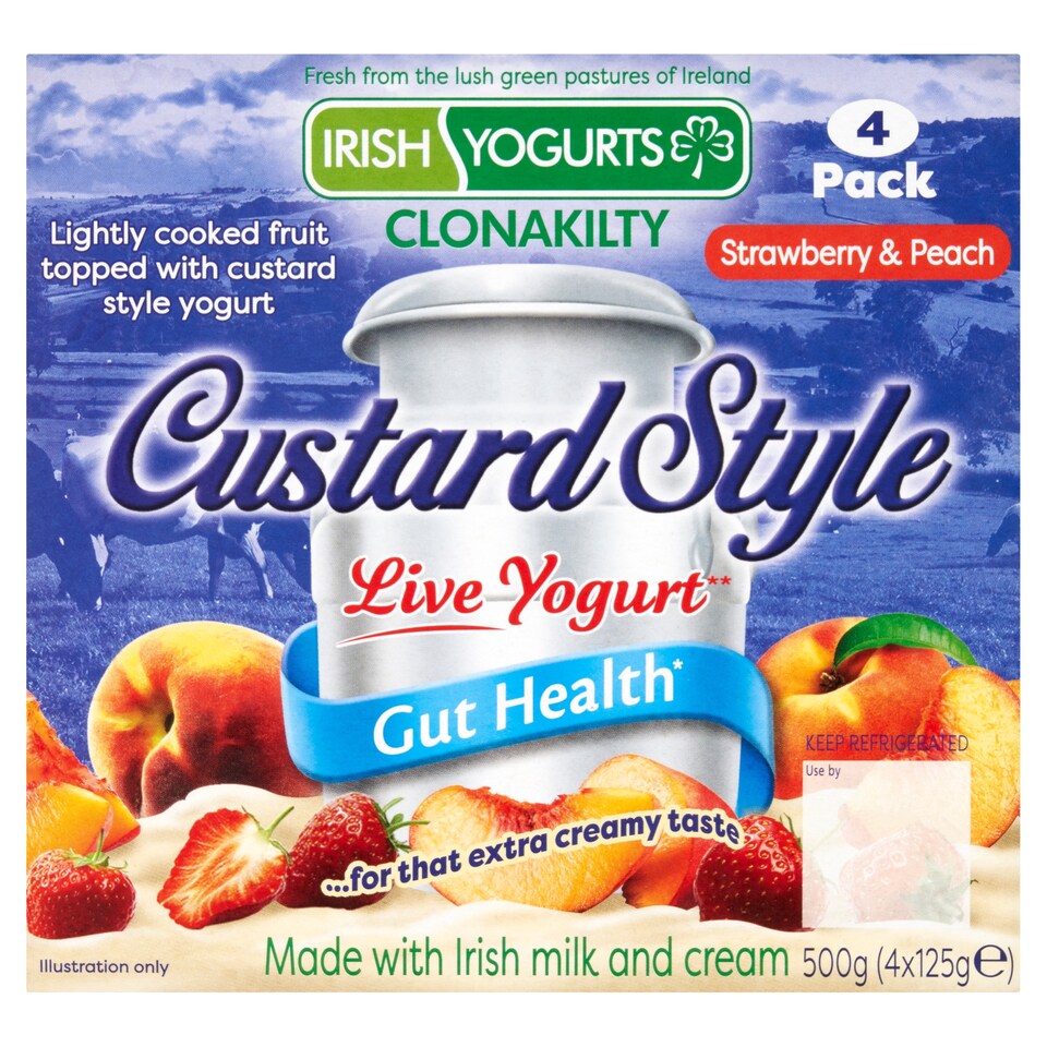 IRISH YOGURTS Clonakilty Custard Style live yogurt gut health Strawberry & Peach 4 X 125g