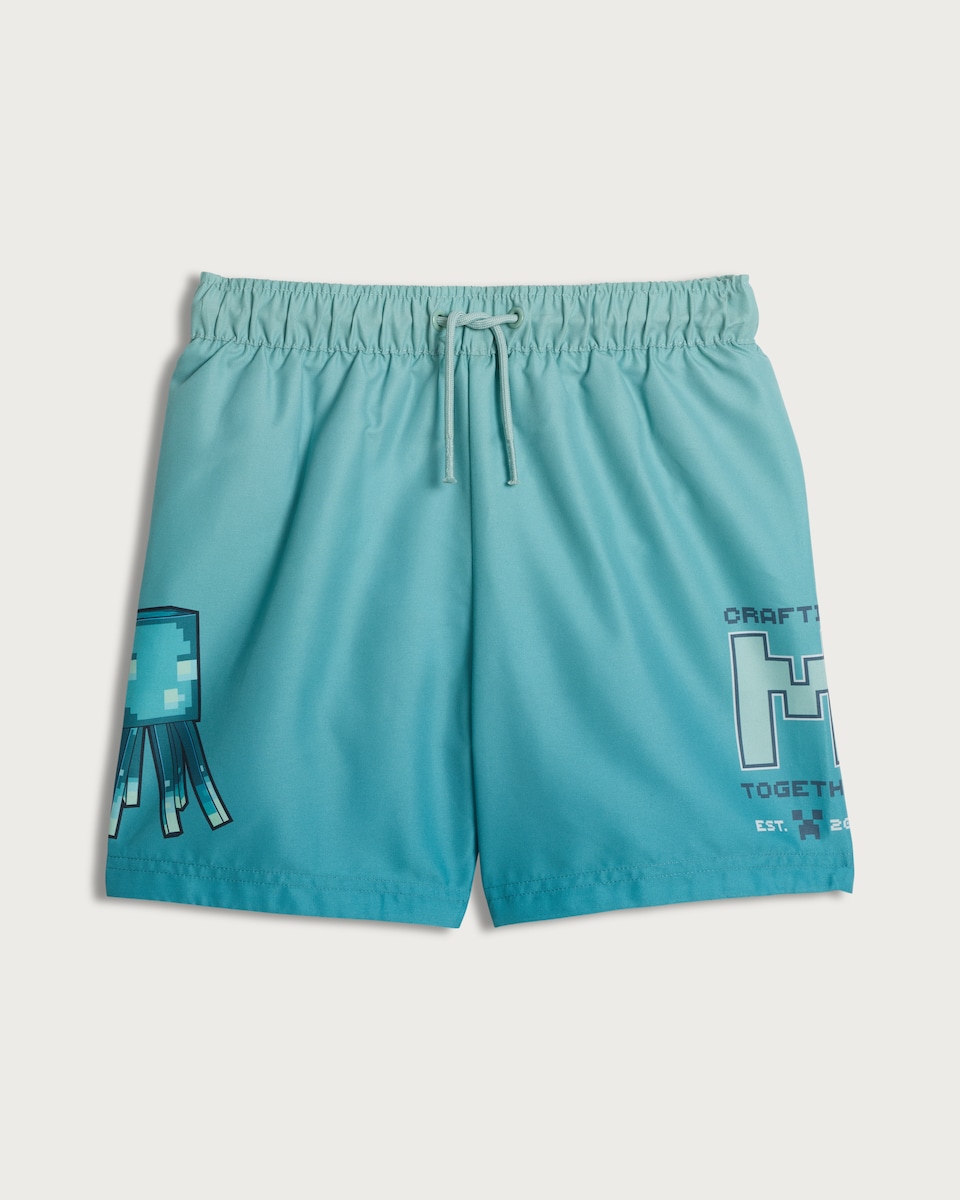 image 1 of Minecraft Print Drawstring Swim Shorts in Blue