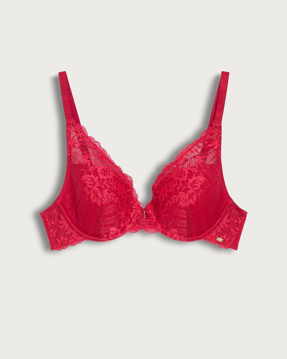 image 1 of F&F Floral Lace Detail Underwired Plunge Bra in Red