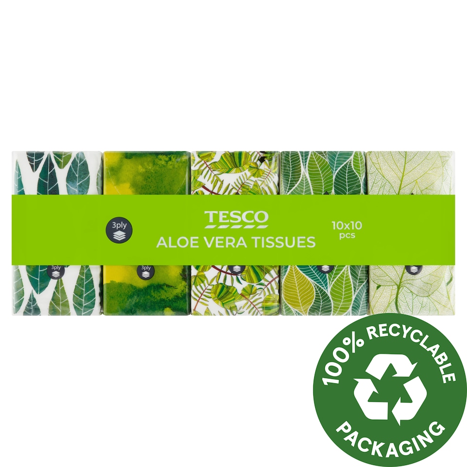 Tesco Papierové vreckovky parfumované aloe vera 3 vrstvy 10 x 10 ks