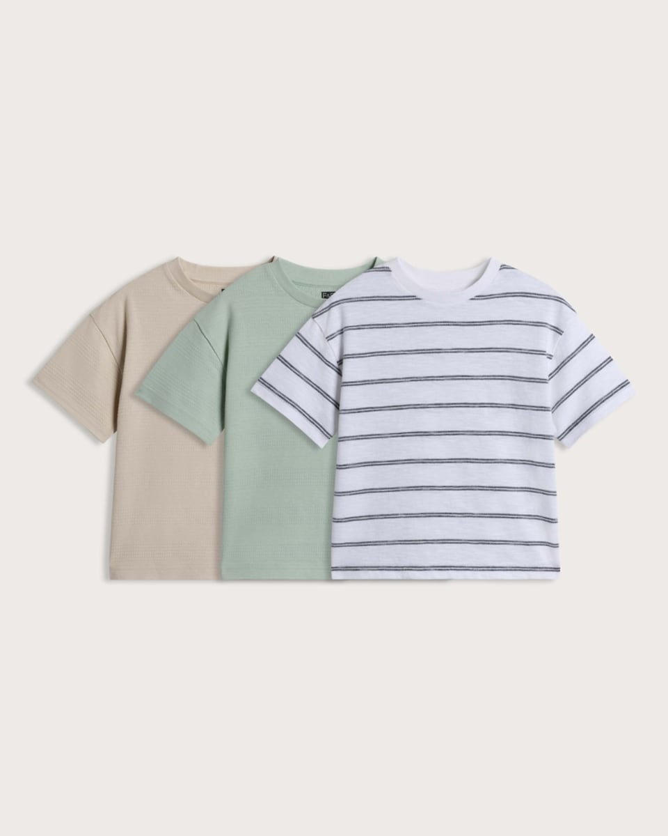 F&F Boys 3-Pack Pure Cotton Textured Short Sleeved T-Shirts in Multi
