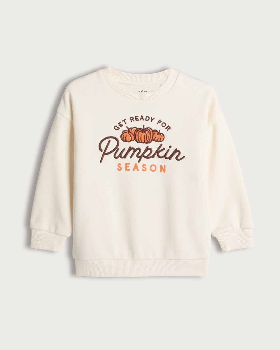 image 1 of F&F Girls Cotton Rich Pumpkin Picking Crew Sweatshirt in Cream