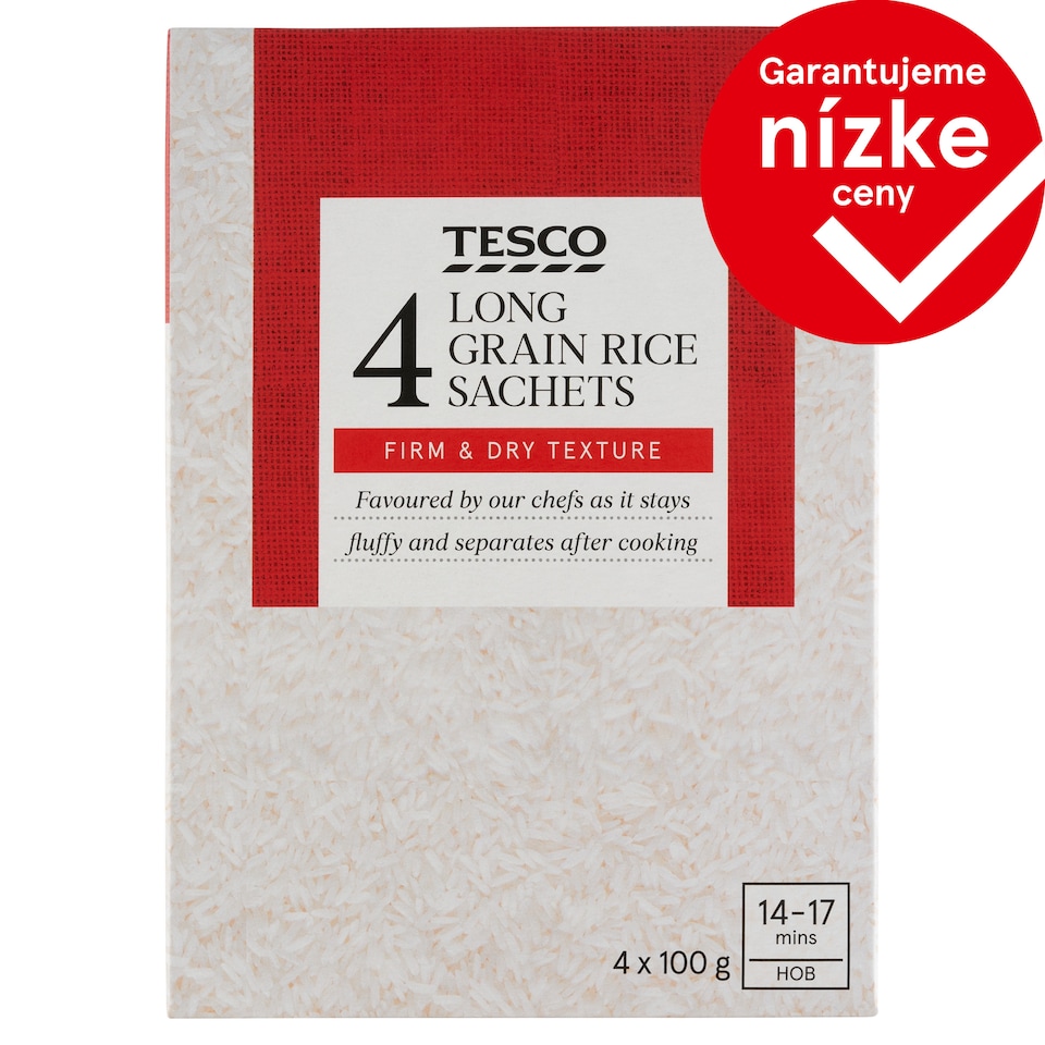 Tesco Ryža dlhozrnná, lúpaná, vo varných vreckách 4 x 100 g (400 g)