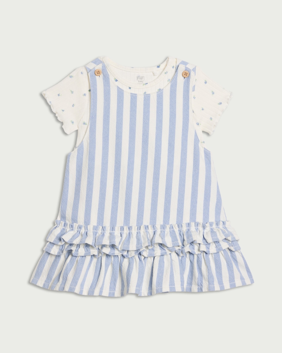 image 1 of F&F Baby 2-Piece Striped Pinafore and Bodysuit Set in Blue