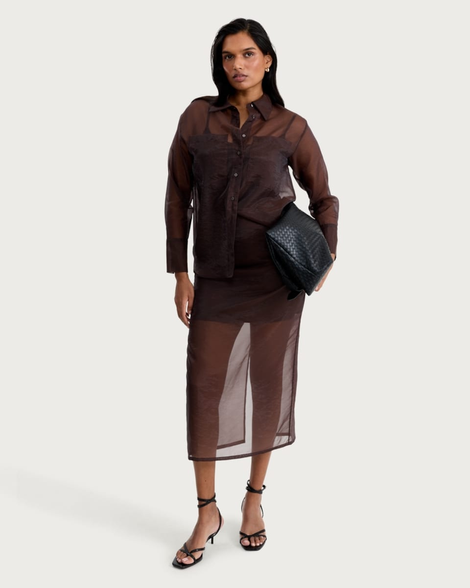 image 1 of F&F Organza Sheer Panel Co-ord Midi Skirt in Brown