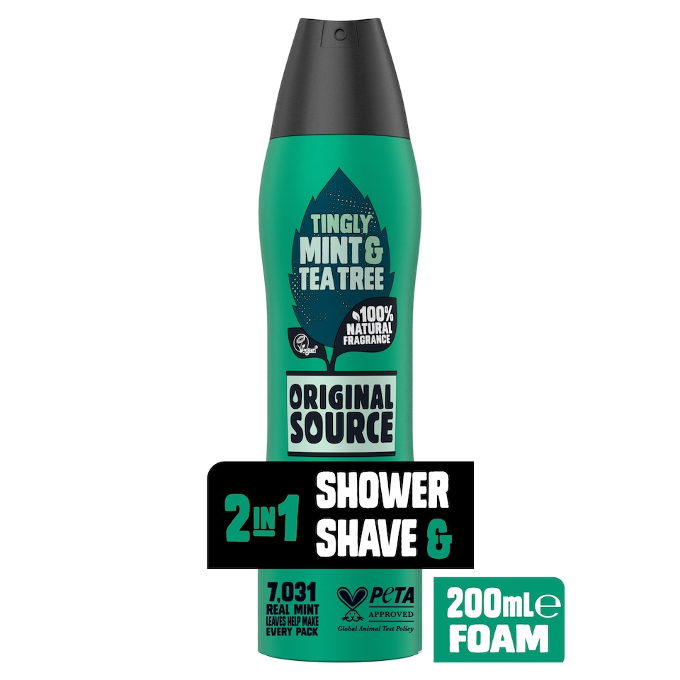 ORIGINAL SOURCE 2in1 SHOWER & SHAVE FOAM BODYWASH TINGLY MINT & TEA TREE 200ML