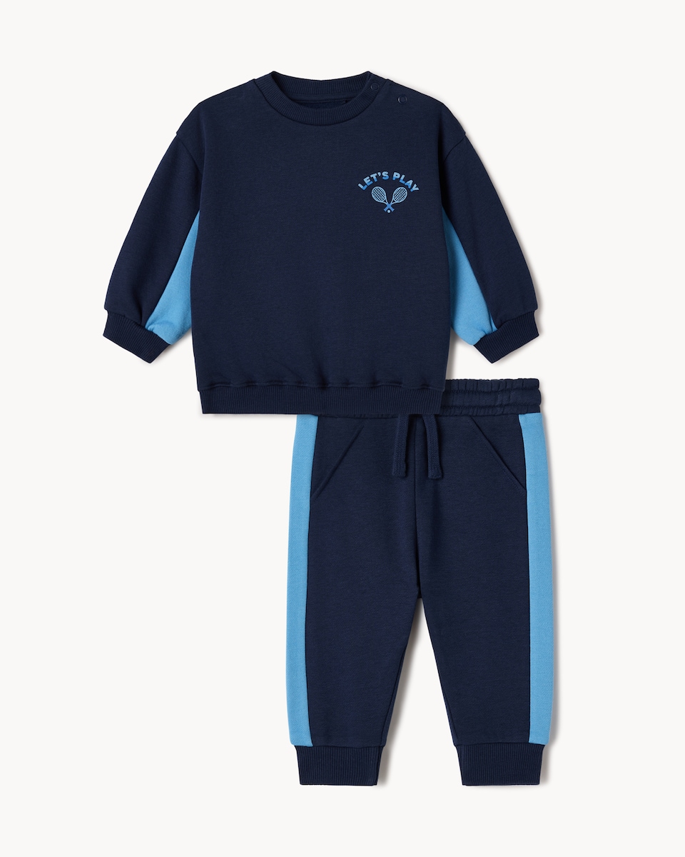 image 1 of F&F Baby 2-Piece Cotton Rich Let's Play Sweatshirt & Jogger Set in Navy