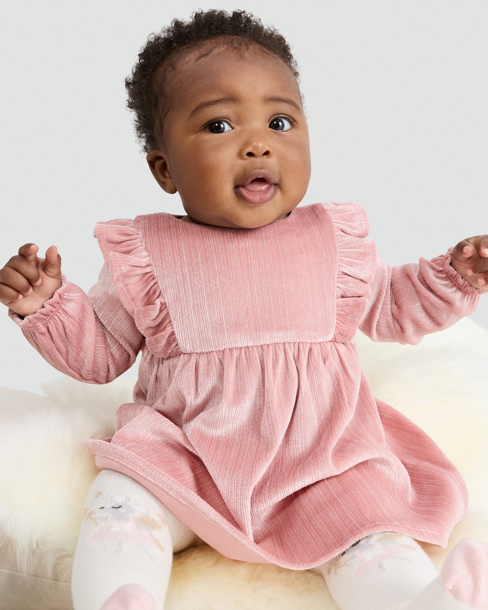 image 1 of F&F Baby Ruffle Detail Long Sleeved Dress in Pink