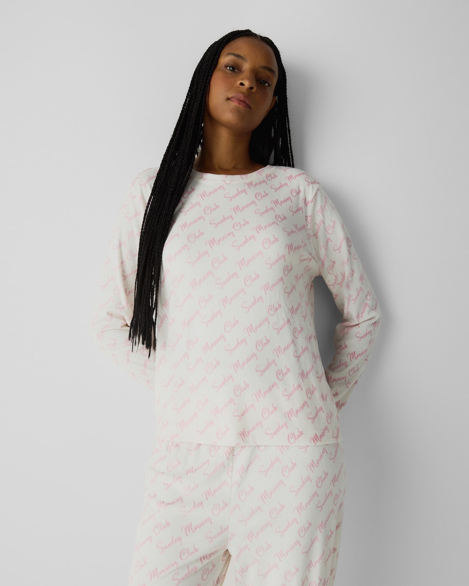 image 1 of F&F Fleece Sunday Morning Club Pyjama Set in Cream