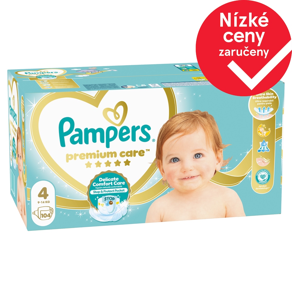 Obrázek 1 pro produkt Pampers Premium Care Velikost 4, 104 Dětské Plenky, 9kg-14kg