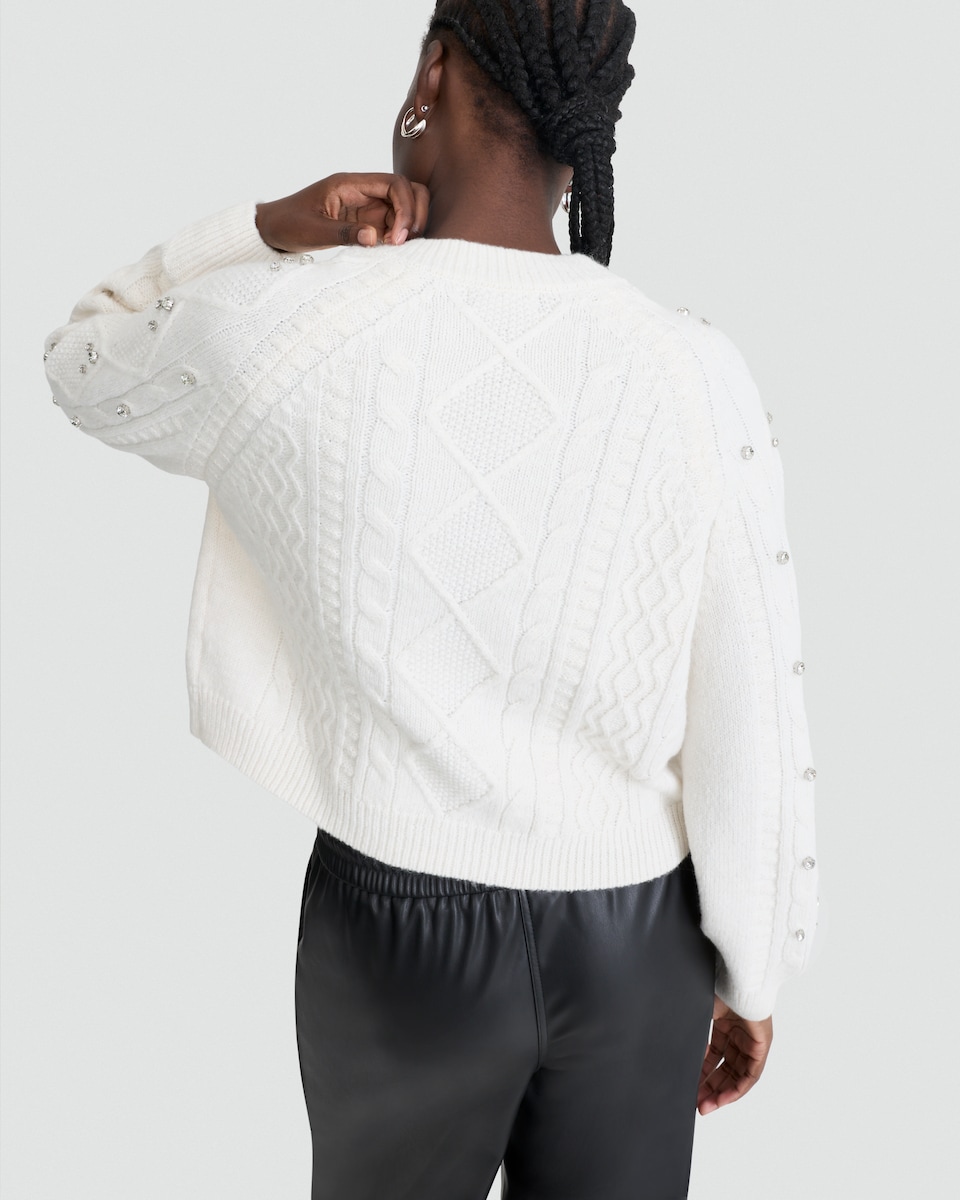 image 1 of F&F Cable Knit Diamanté Embellished Cardigan in Cream