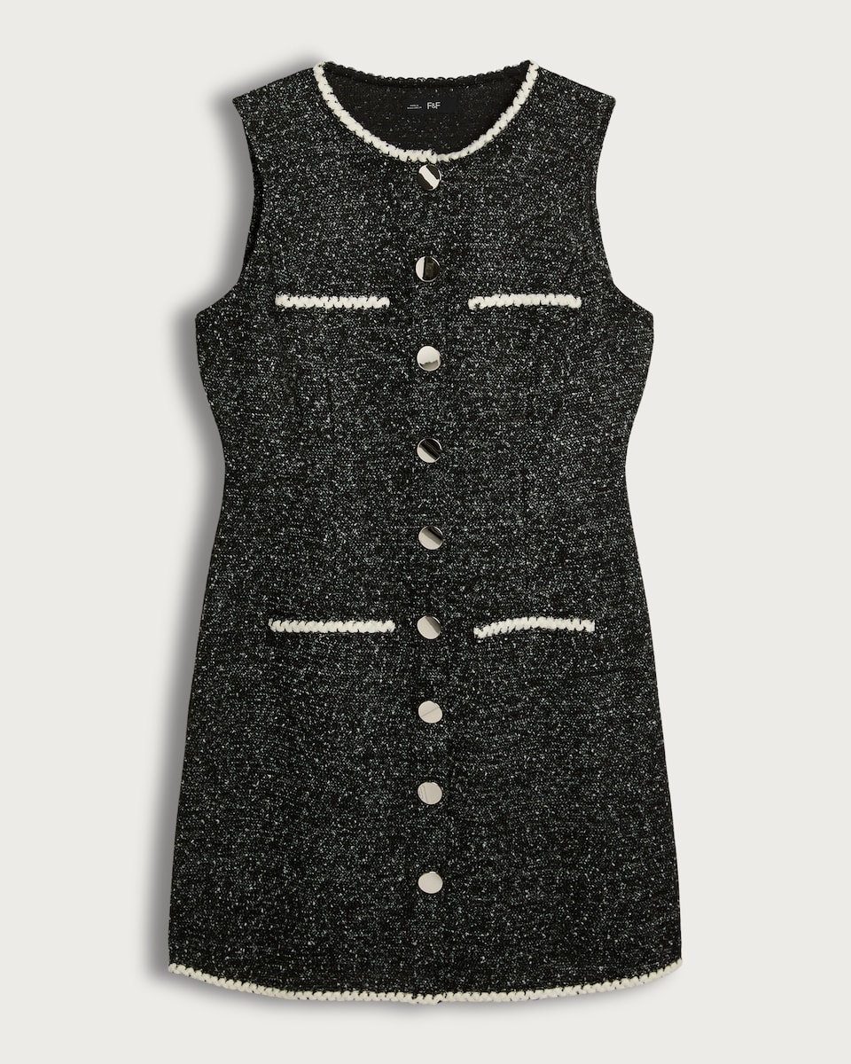 F&F Tweed Button Through Sleeveless Dress in Multi Black White