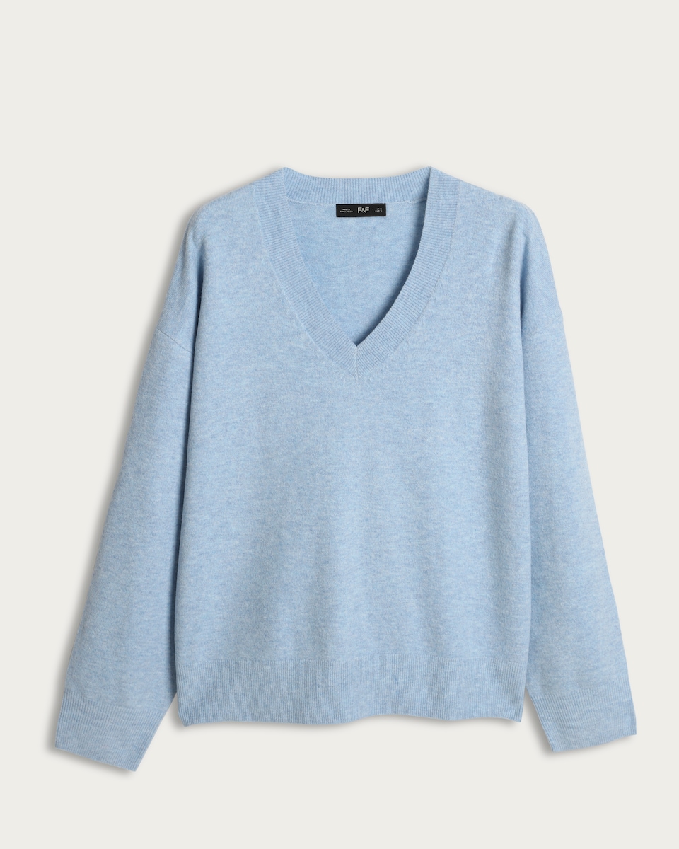 F&F Knitted V Neck Jumper with Wool in Blue