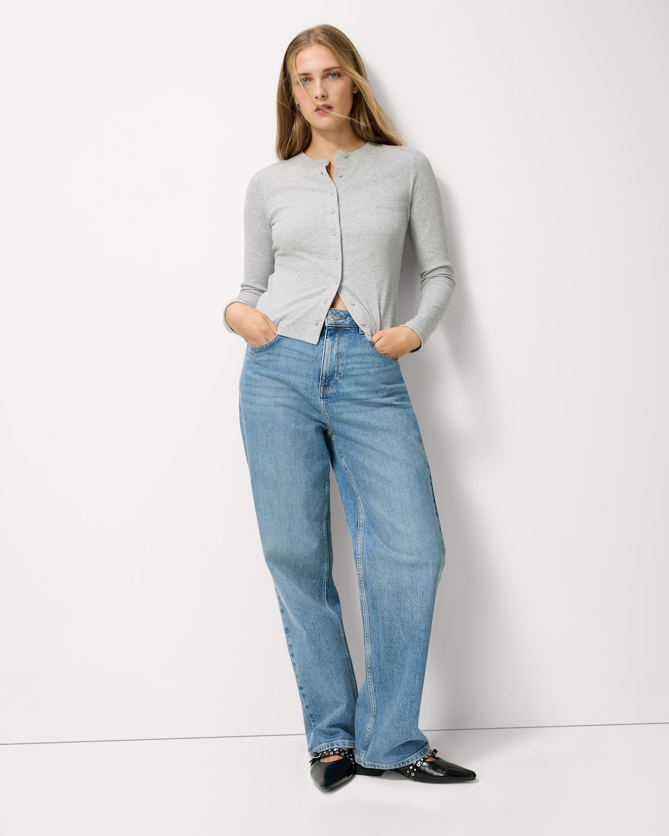 image 1 of F&F Cotton Rich Ribbed Button Up Top in Grey Marl