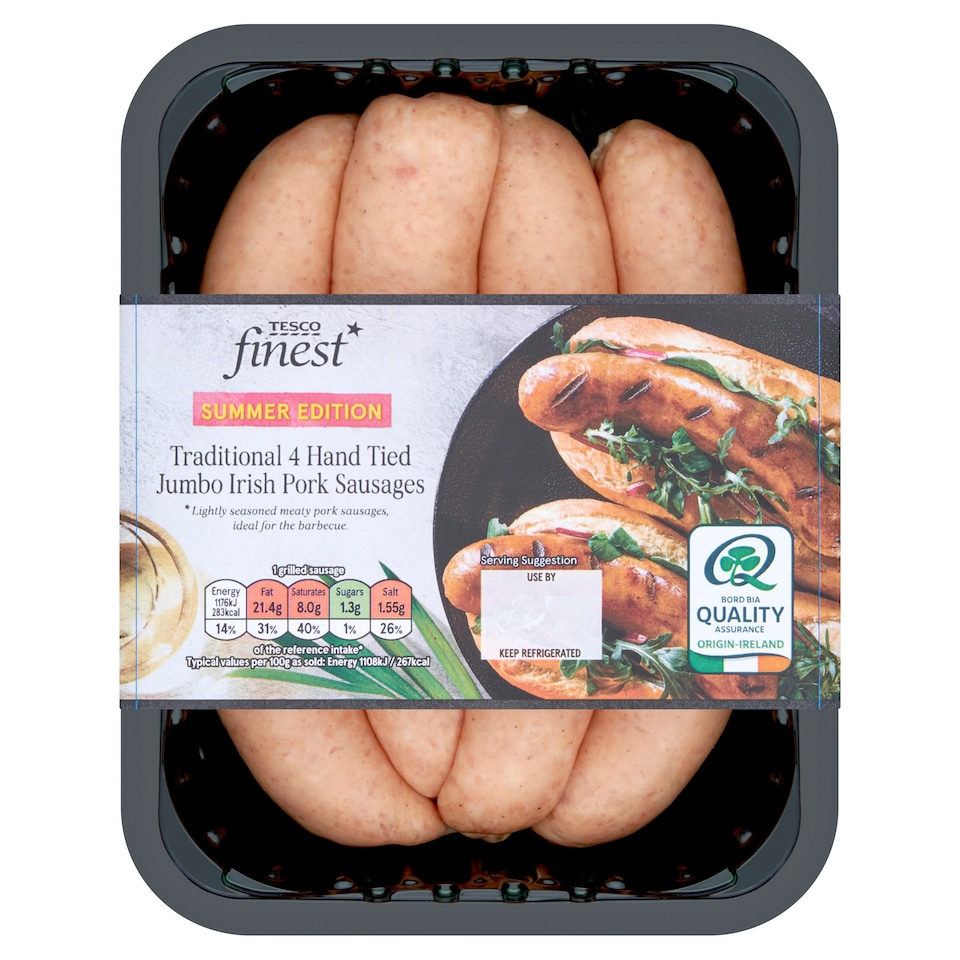 Tesco Finest 4 Traditional Hand Tied Jumbo Irish Pork Sausages 454g