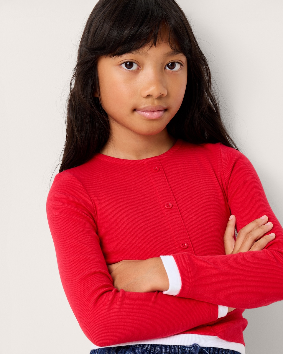 image 1 of F&F Girls Cotton Rich Double Layer Cardigan in Red