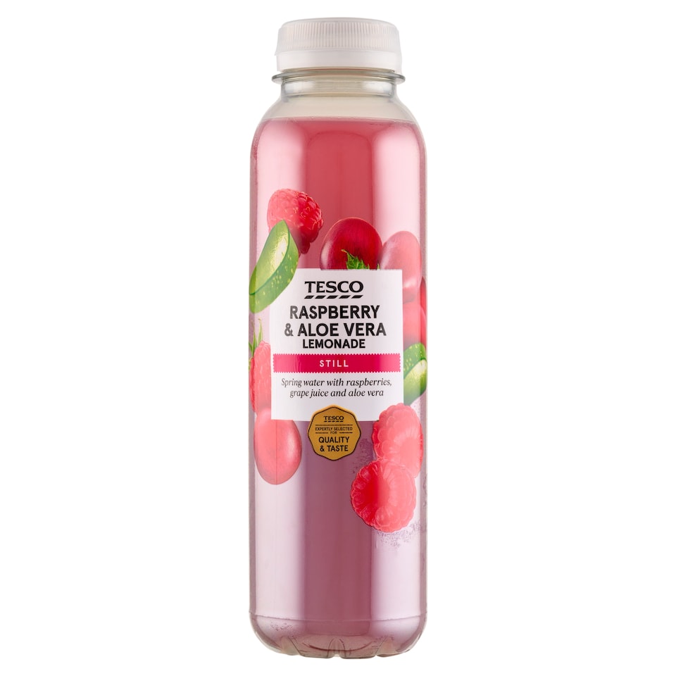 Tesco Nesycený ovocný nápoj s malinovým pyré, hroznovou šťávou, kousky aloe vera 400ml