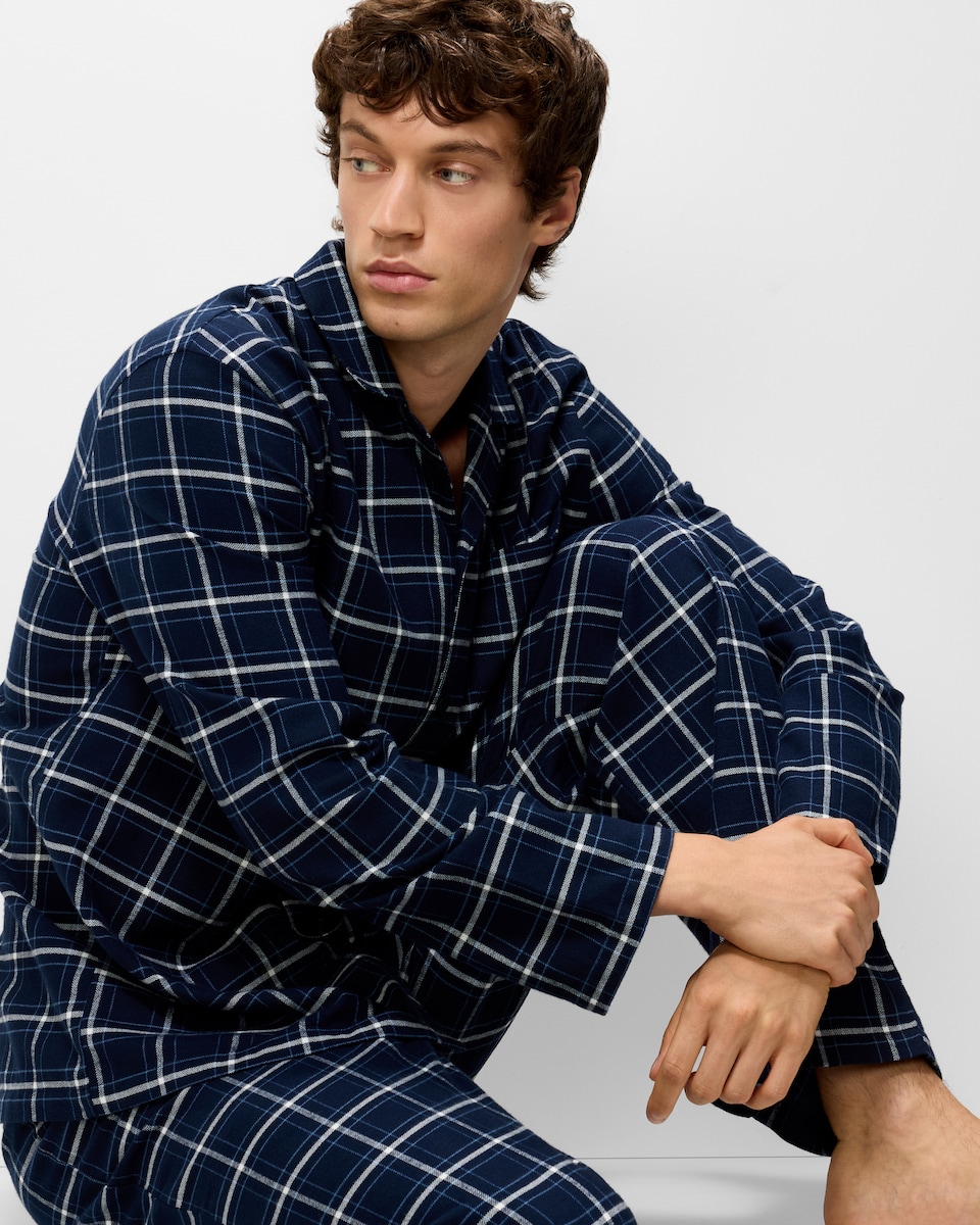 image 1 of F&F Pure Cotton Brushed Checked Revere Pyjama Set in Multi