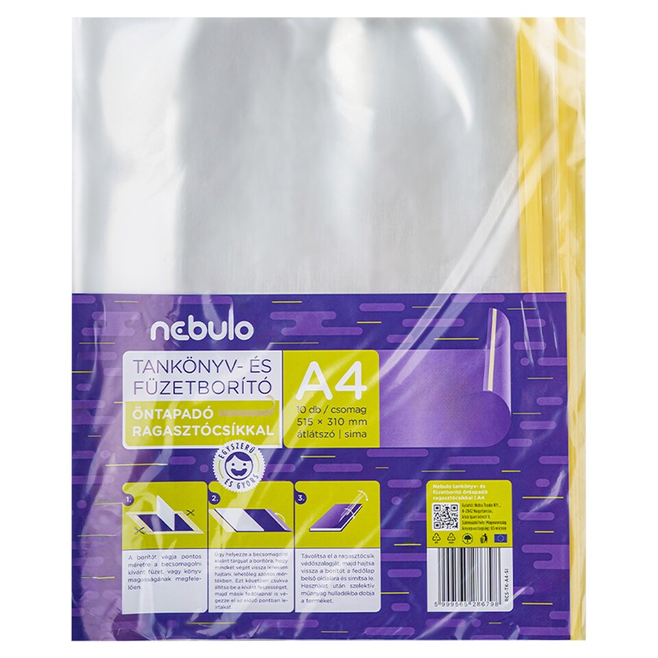 Nebulo sima átlátszó A4-es tankönyvborító öntapadós ragasztó csíkkal 515 x 310 mm 10 db