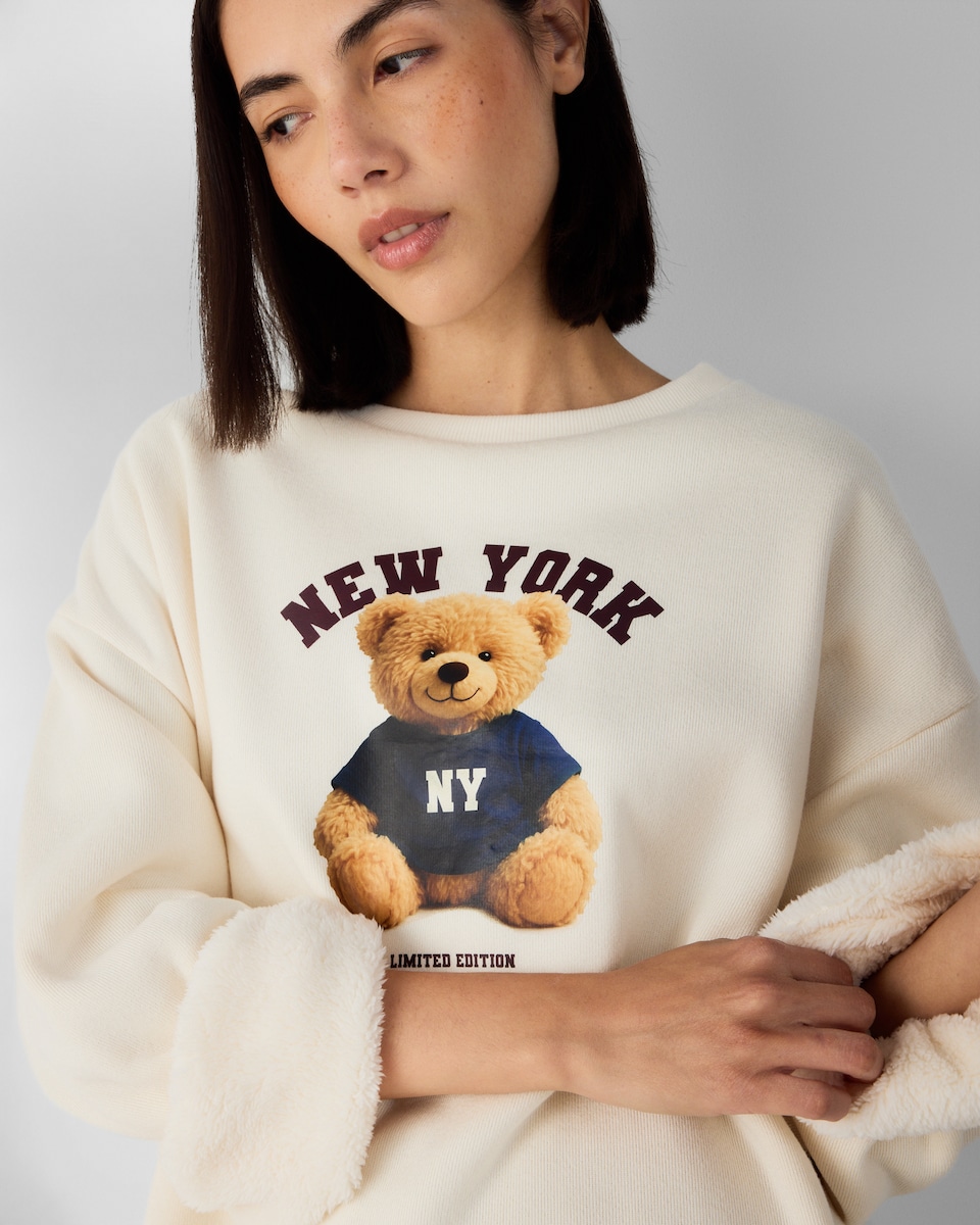 image 1 of F&F Cotton Rich Teddy Bear Checked Pyjama Set in Cream