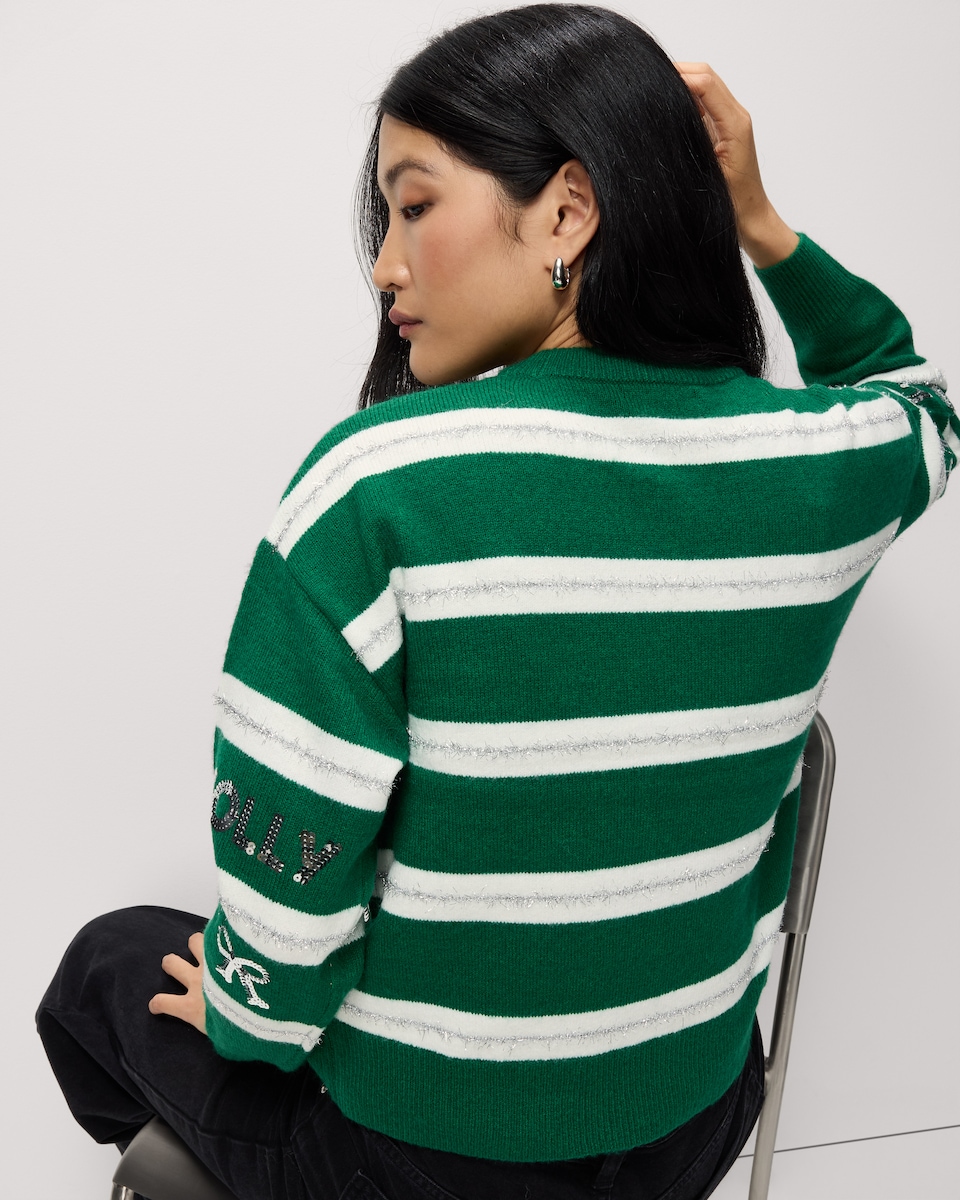 image 1 of Christmas Striped Sequin Embellished Christmas Jumper in Green