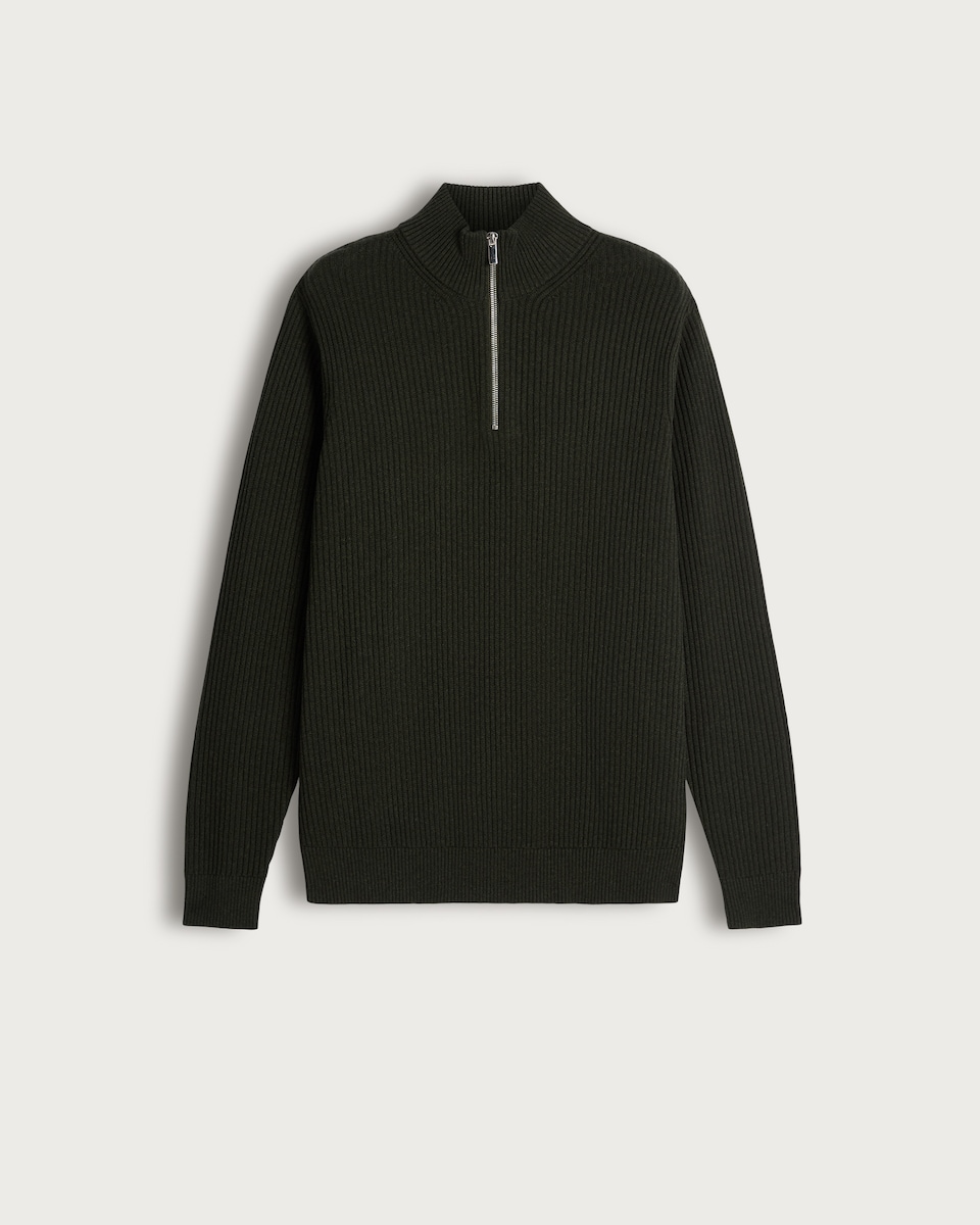 image 1 of F&F Pure Cotton Ribbed Half Zip Jumper in Khaki