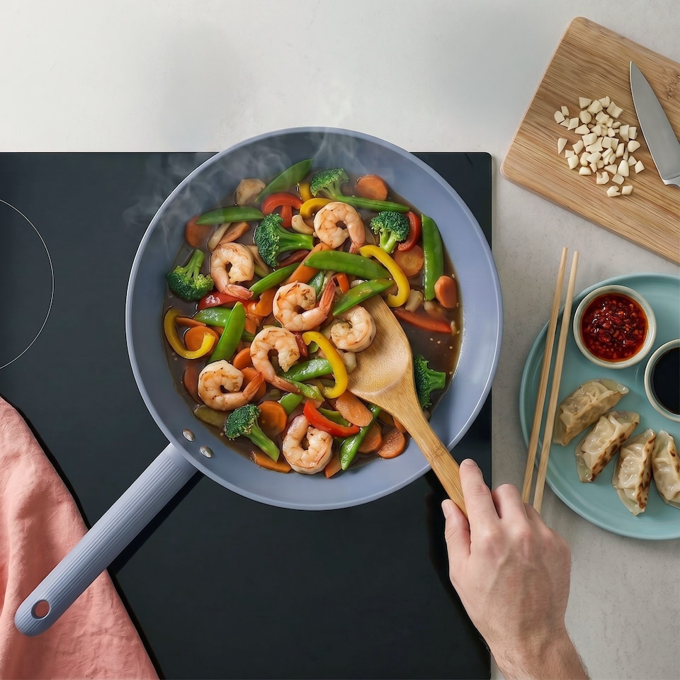 image 1 of Progress Mellow Blue Non-Stick 28cm Stirfry Pan