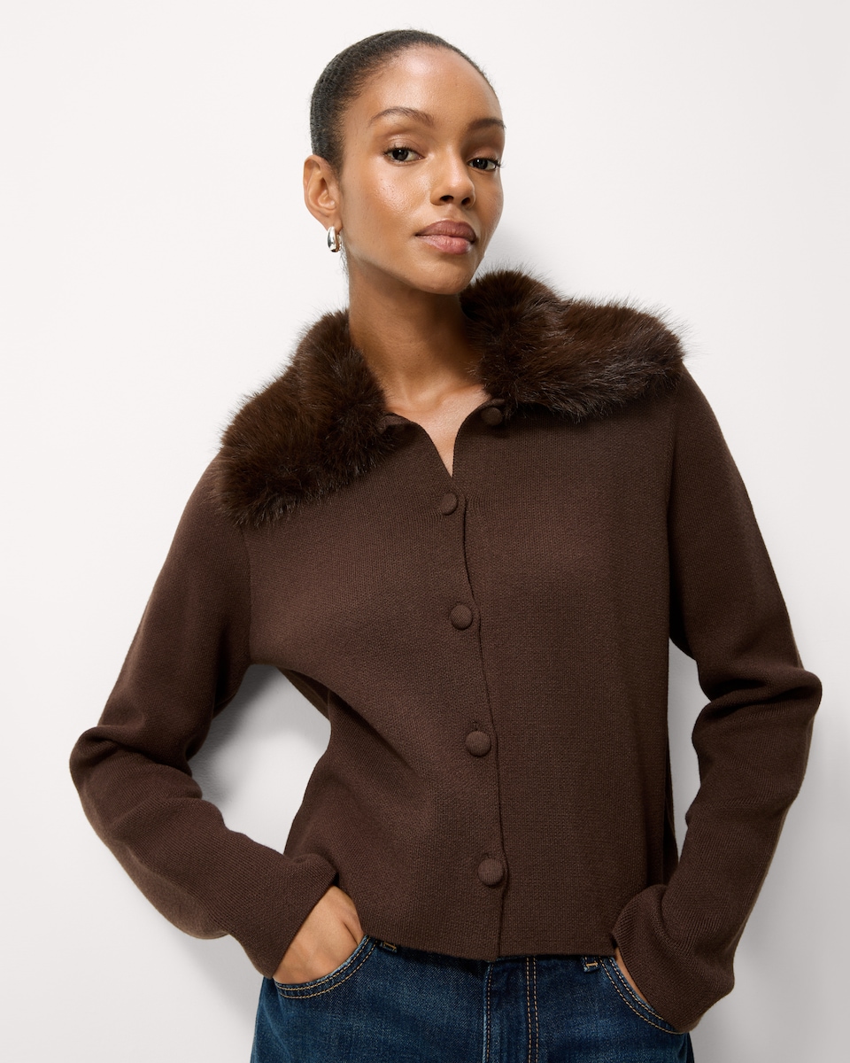 image 1 of F&F Faux Fur Collared Cardigan in Chocolate