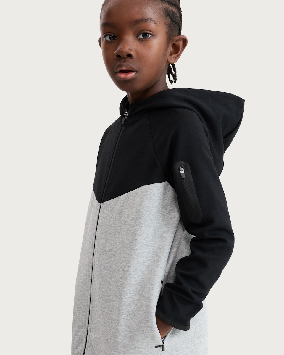 image 1 of F&F Active Boys Colour Block Zip Up Hoodie in Grey Marl