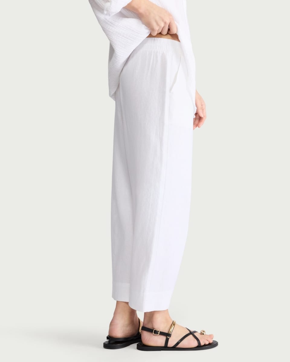 image 1 of F&F Linen Rich Wide Leg Cropped Drawstring Trousers in White