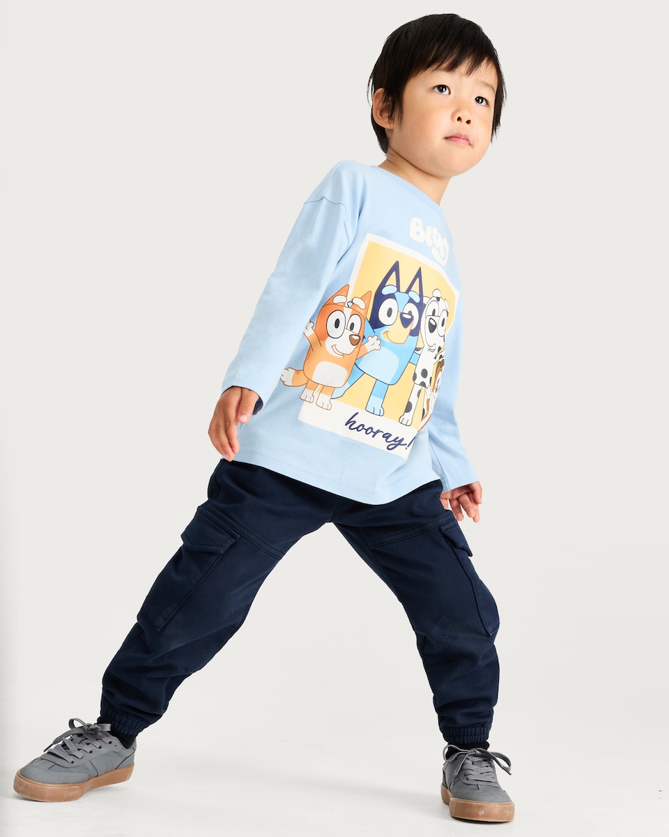 image 1 of Bluey Pure Cotton Hooray Slogan Long Sleeved Top in Blue