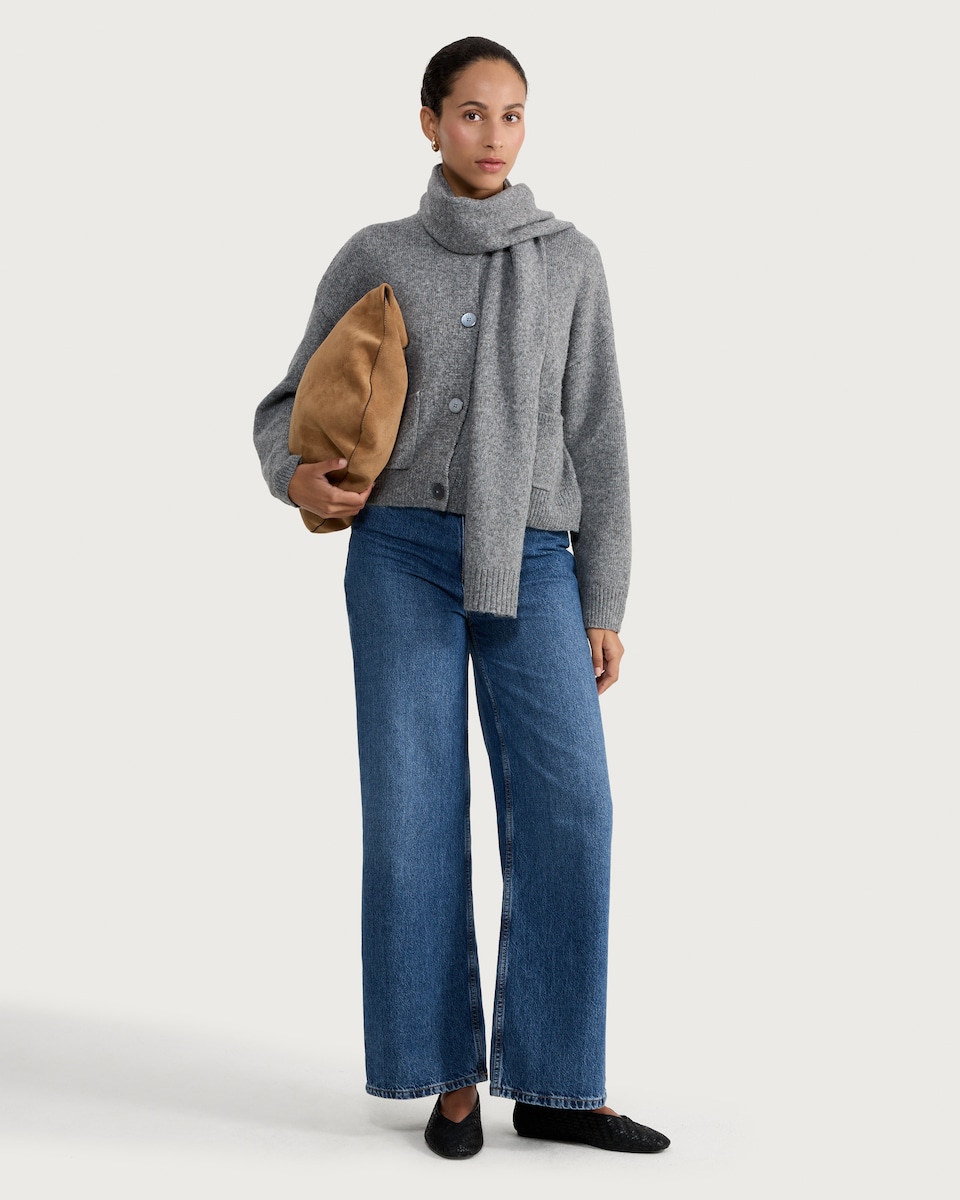 image 1 of F&F Knitted Scarf Collar Button Front Cardigan in Grey