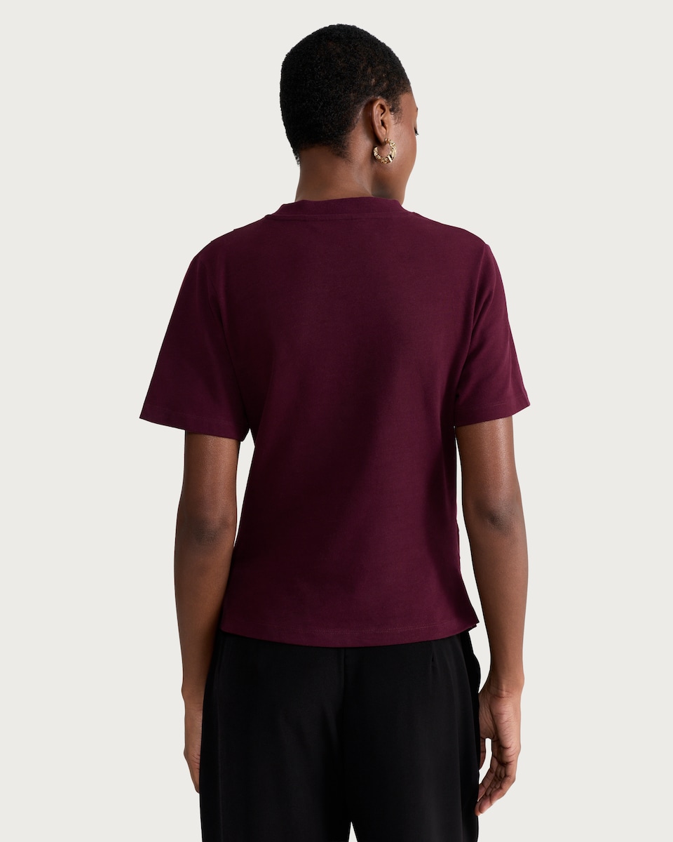 image 1 of F&F Pure Cotton Asymmetric Hem Ruched Short Sleeved Top in Burgundy