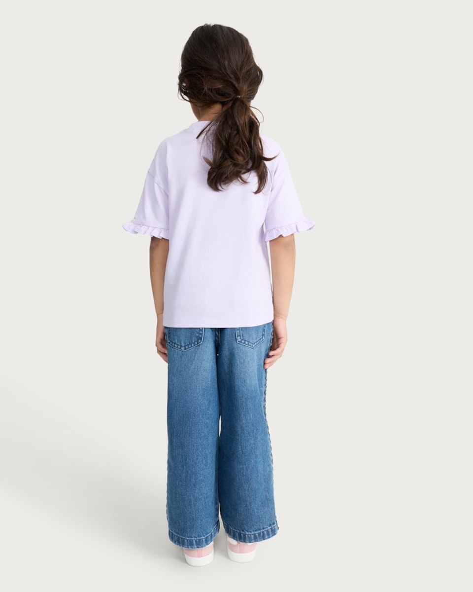 image 1 of F&F Girls Pure Cotton Rainbow Love Frill Sleeved T-Shirt in Multi