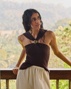 The F&F Edit Ribbed Halter Neck Cross Over Top in Chocolate
