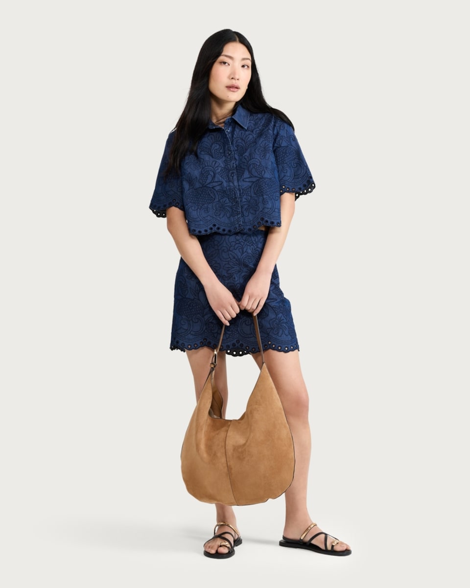 image 1 of The F&F Edit Pure Cotton Embroidered Co-ord Mini Skirt in Blue