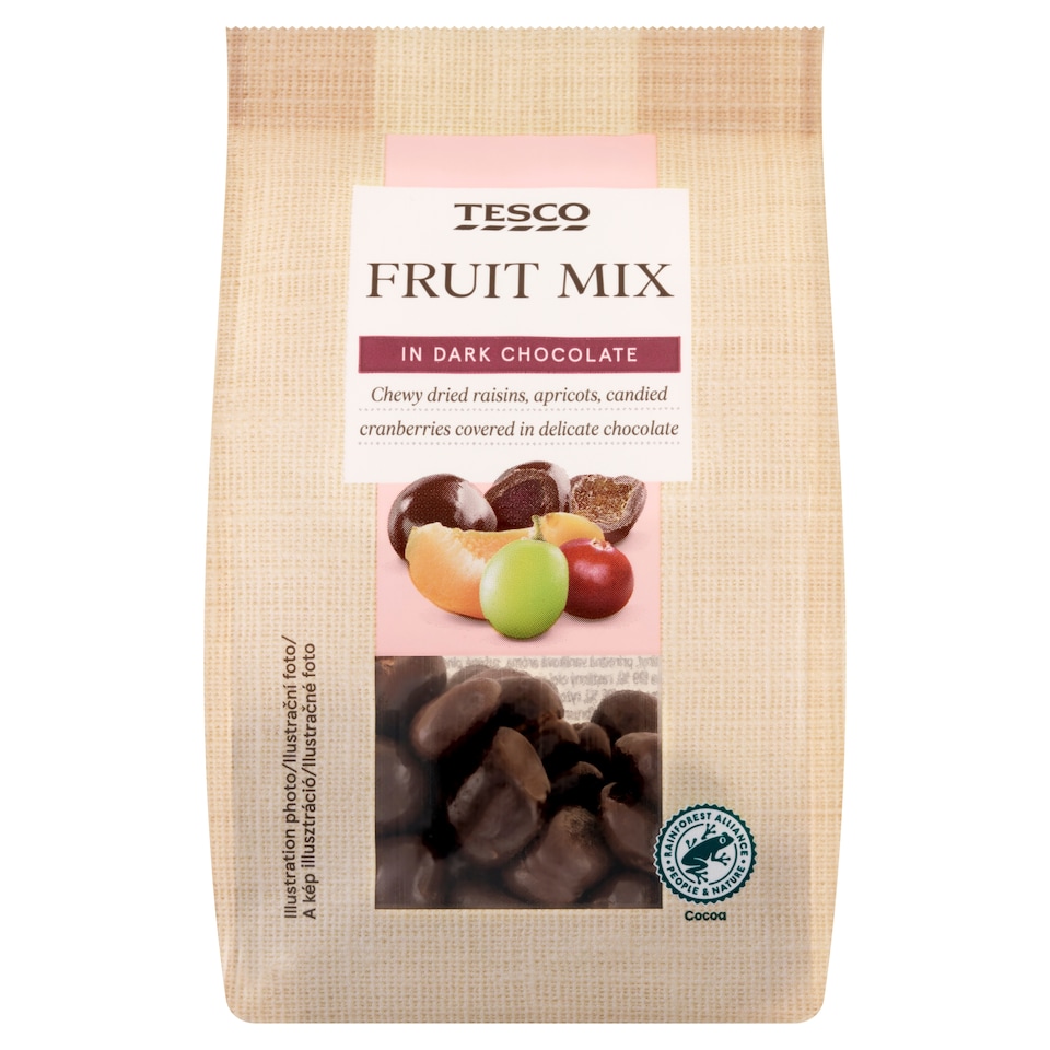 Tesco Mix of Raisins, Apricot Cubes and Candied Cranberries Coated in Dark Chocolate 120 g