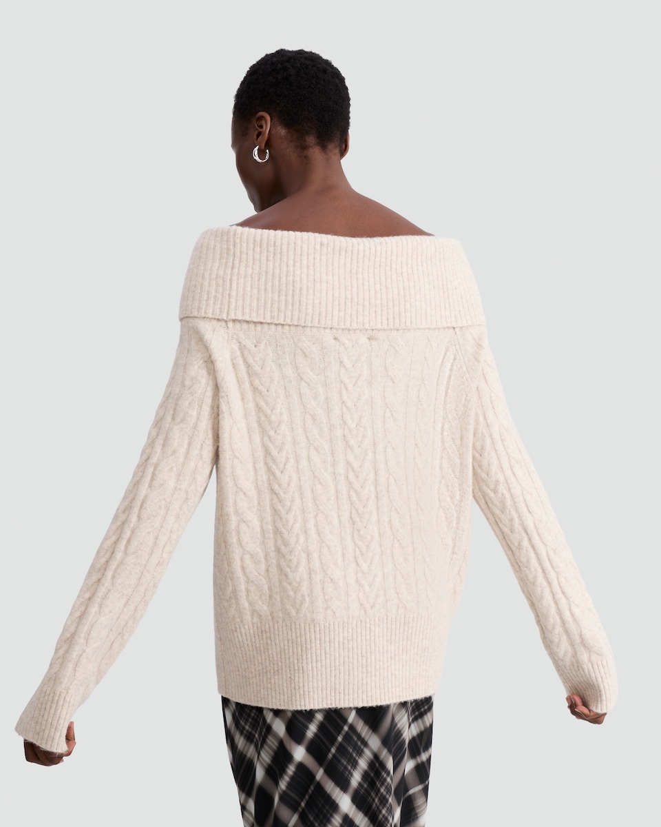 image 1 of F&F Cable Knit Off Shoulder Jumper with Wool in Neutral