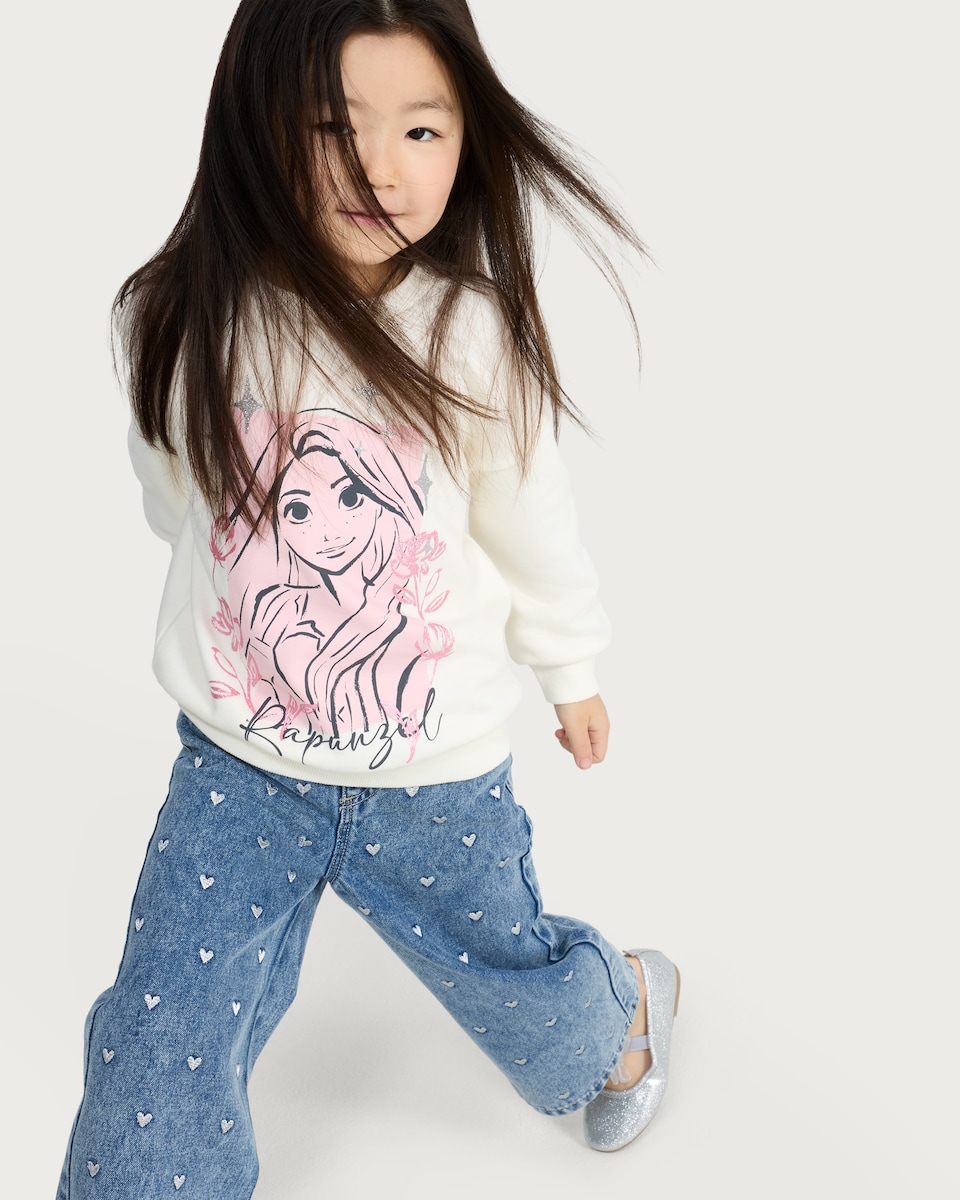 image 1 of Disney Cotton Rich Rapunzel Print Sweatshirt in Multi Pink