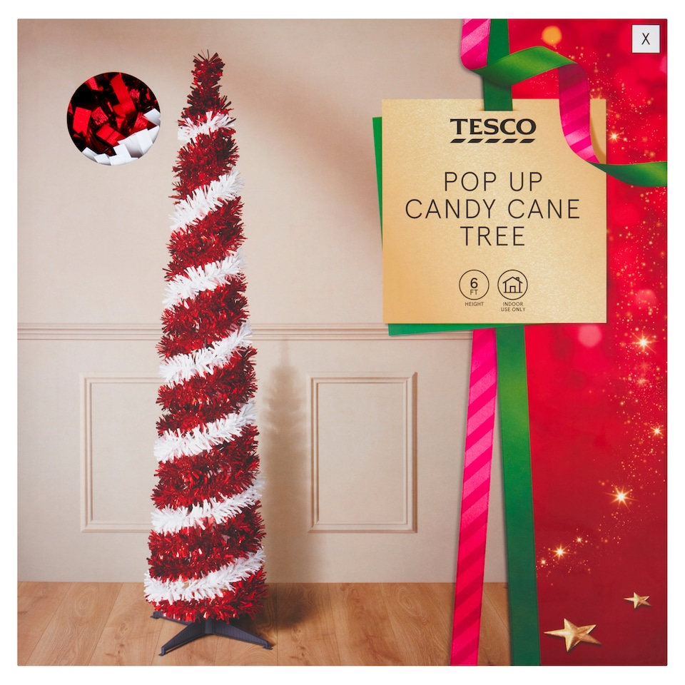 image 1 of Tesco 6FT Pop Up Candy Cane Christmas Tree