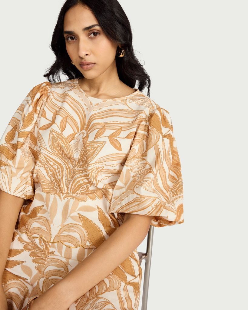 F&F Leaf Print Puff Sleeved Co-ord Top in Multi Orange
