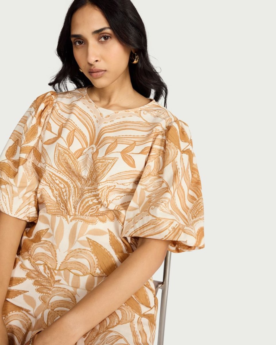 image 1 of F&F Leaf Print Puff Sleeved Co-ord Top in Multi Orange
