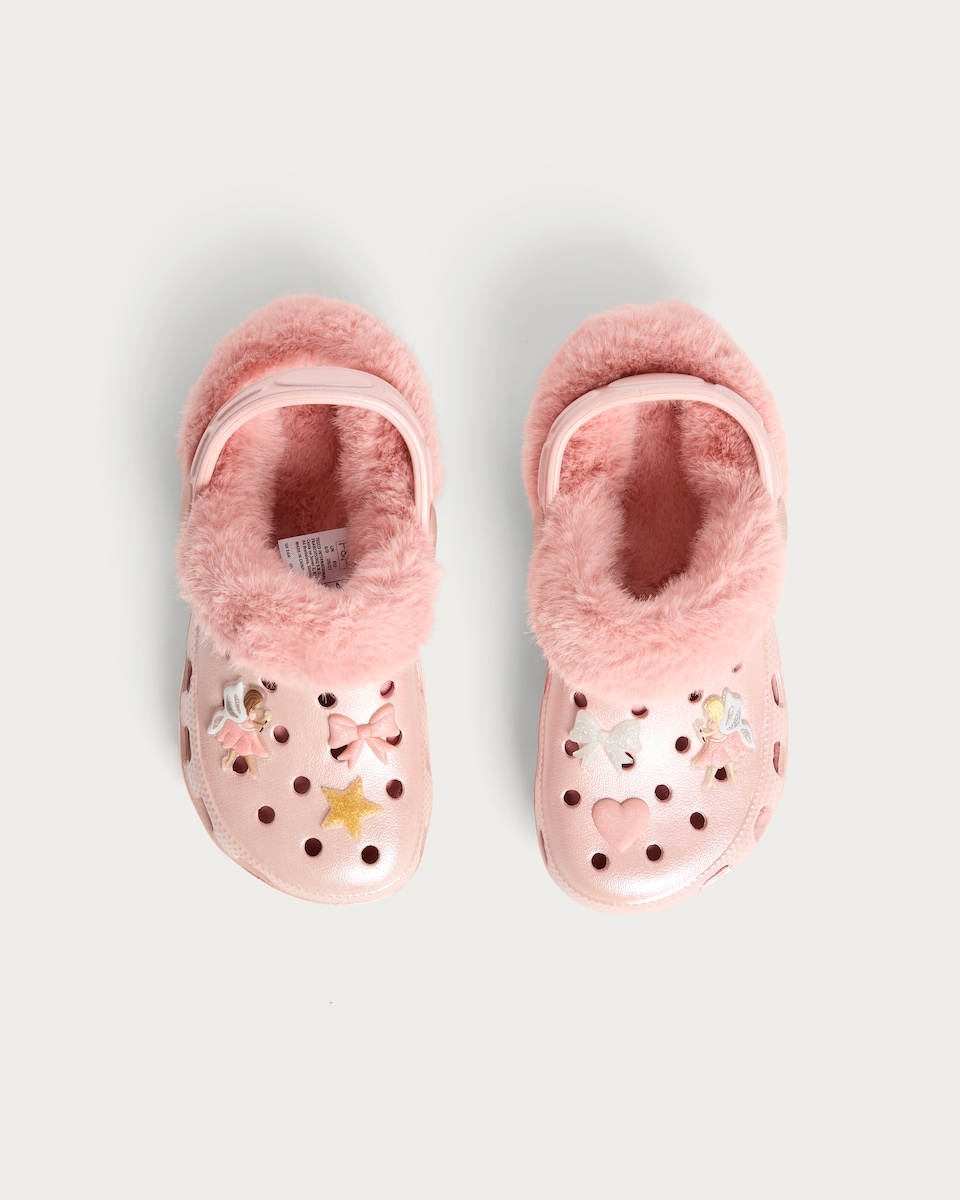 image 1 of F&F Girls Faux Fur Fairy Embellished Clogs in Pink