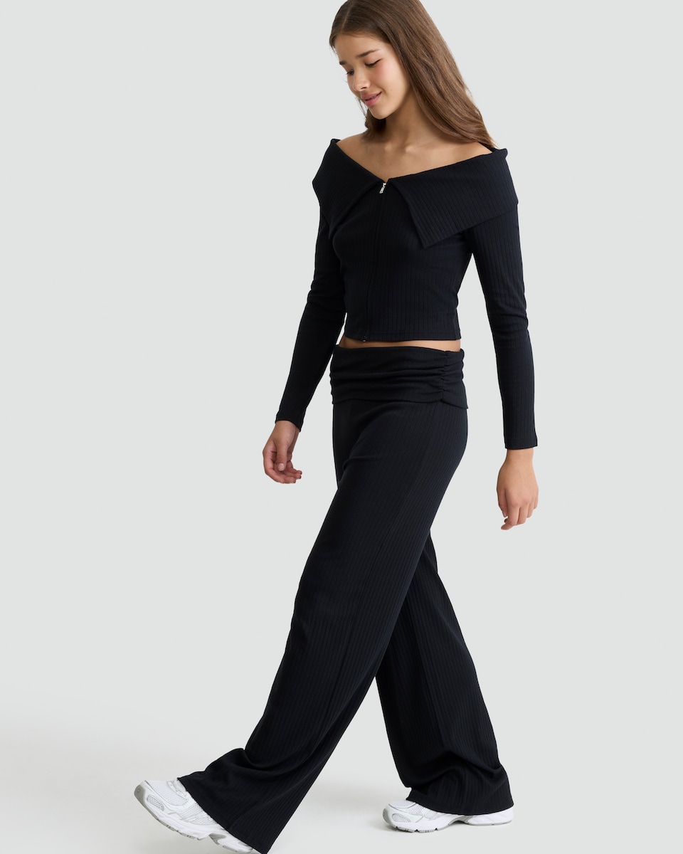 image 1 of OH ME OH MY Cotton Rich Ribbed Foldover Waist Co-ord Trousers in Black
