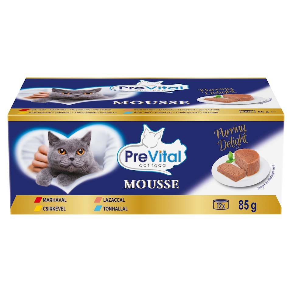 PreVital Mousse nedves macskaeledel, macskatáp felnőtt macskáknak pástétom konzerv 12 x 85 g  1. kép