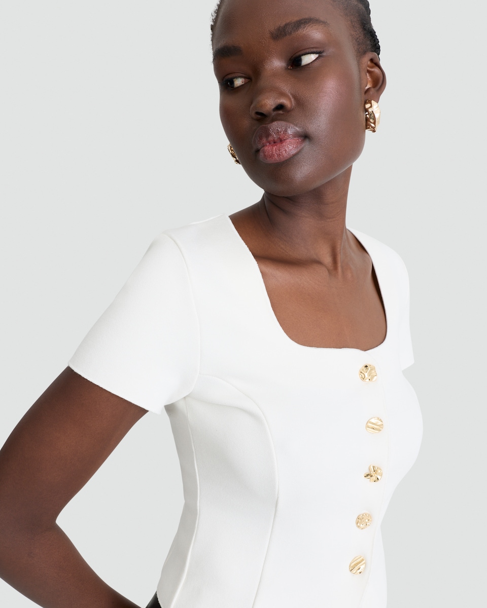 image 1 of F&F Square Neck Buttoned Short Sleeved Top in Cream