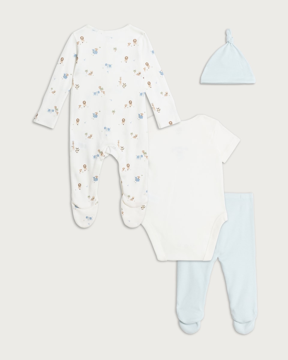 image 1 of F&F Baby 4-Piece Pure Cotton Sleepsuit, Bodysuit, Leggings and Hat Set in Blue