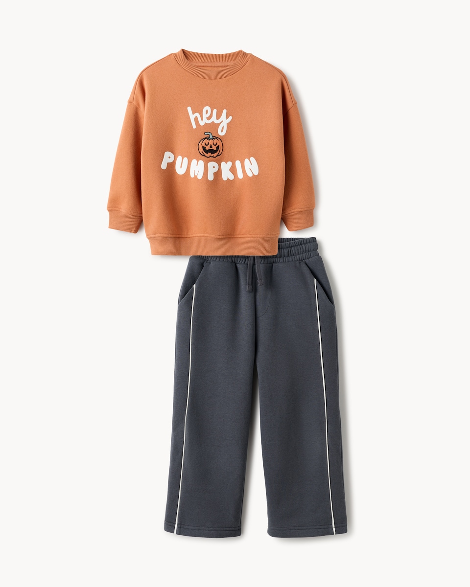 image 1 of F&F Boys Cotton Rich Pumpkin Sweatshirt and Joggers Set in Orange