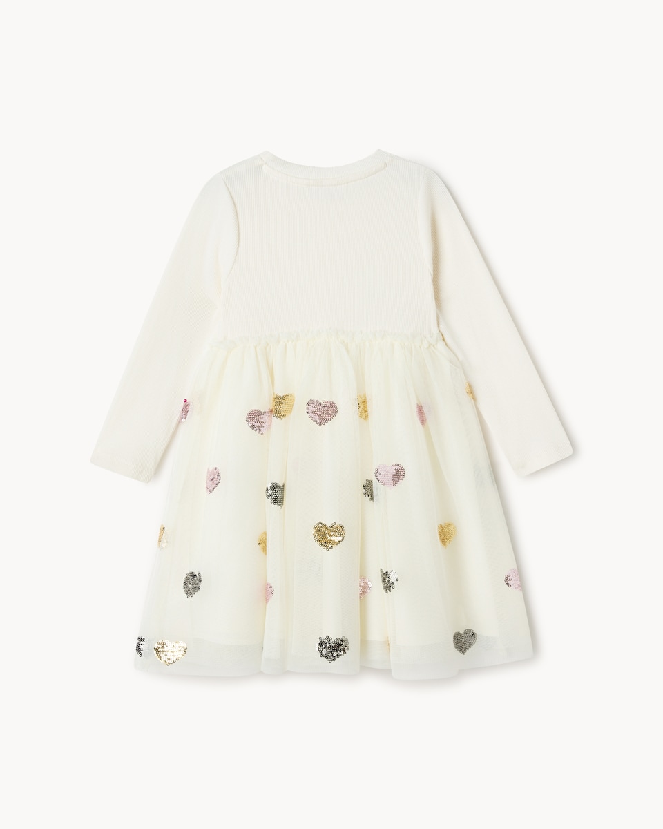 image 1 of F&F Girls Heart Sequin Embellished Dress in Cream