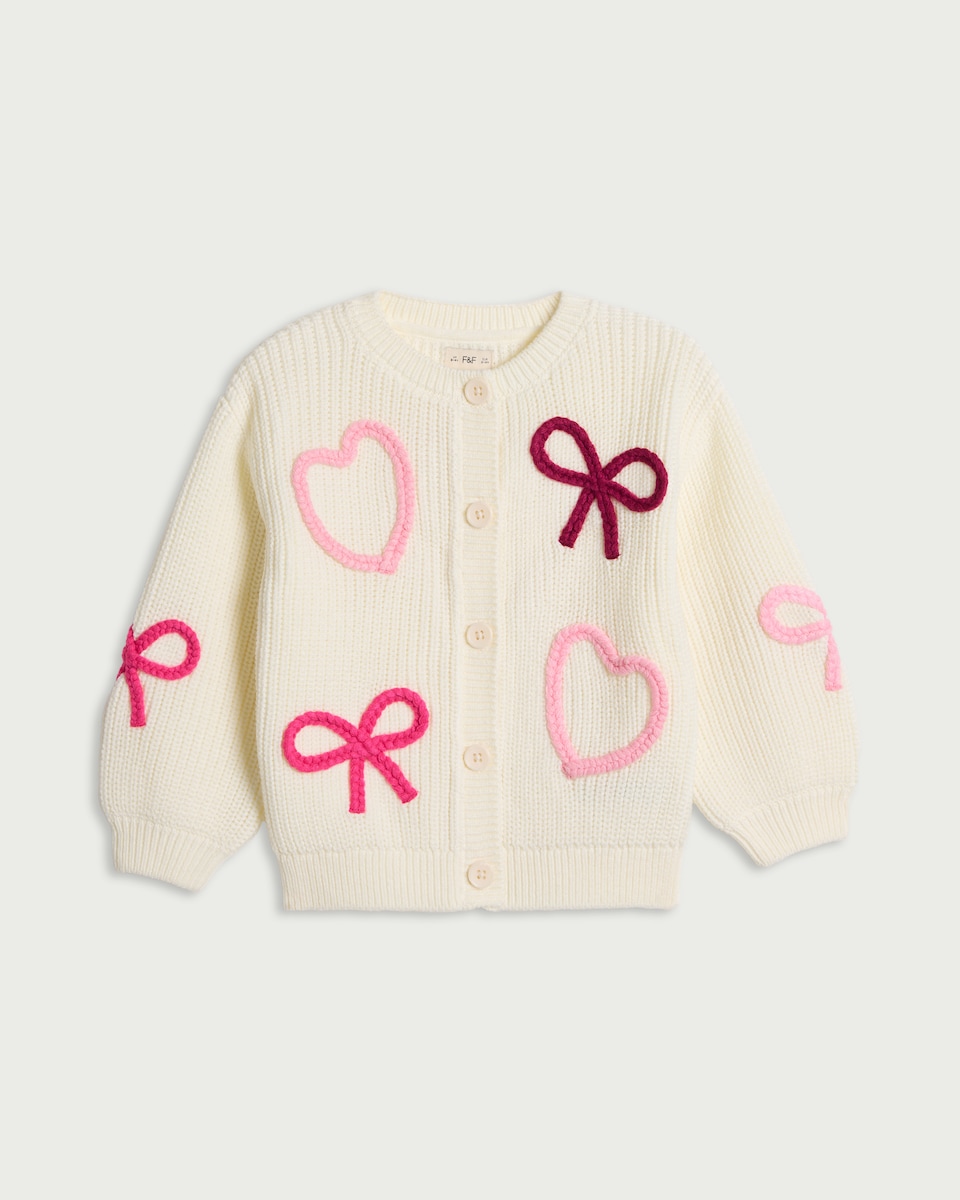 image 1 of F&F Girls Ribbed Bow Cardigan in Cream
